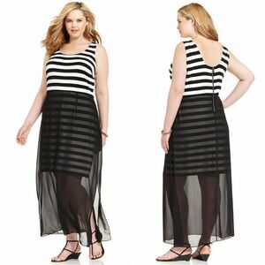 New! VINCE CAMUTO Chiffon Overlay Striped Plus Size Maxi Dress Black White
